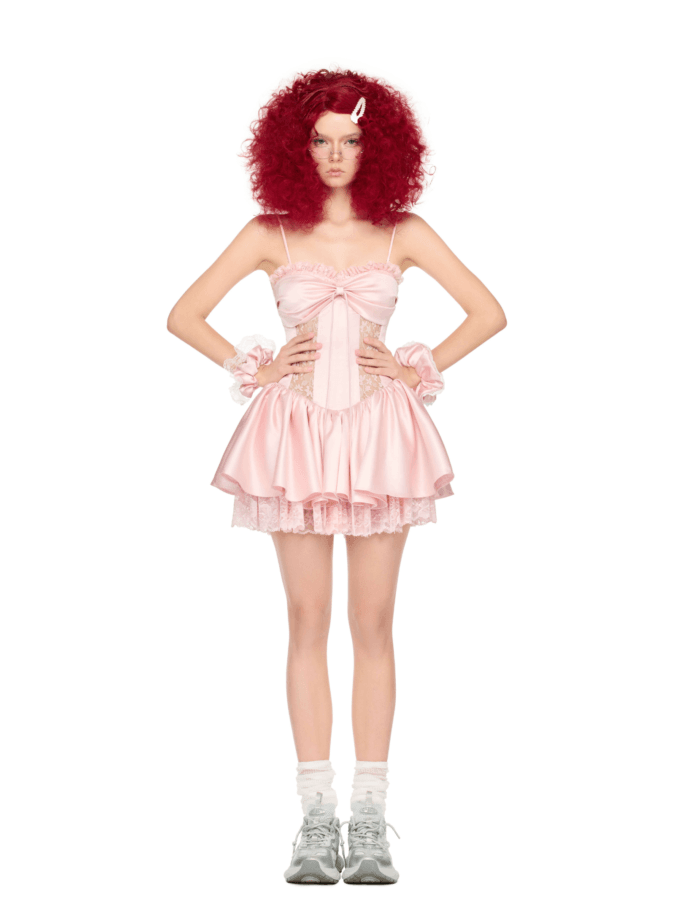 Fairy Lace birthday dress in soft pink with lace details and layered skirt, perfect for girls' birthday parties and themed events.