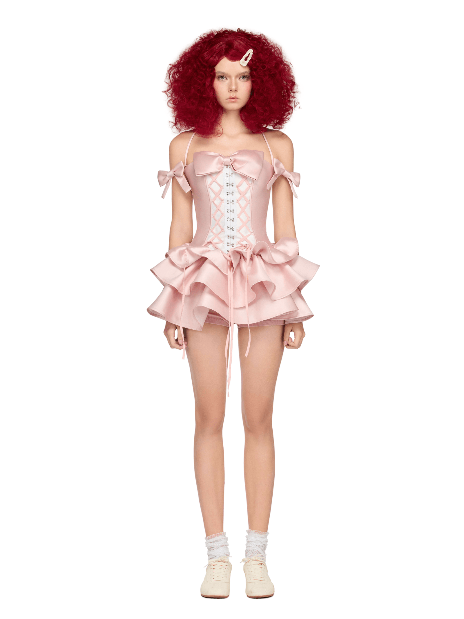 Pink corset birthday dress with ruffle skirt and bow straps